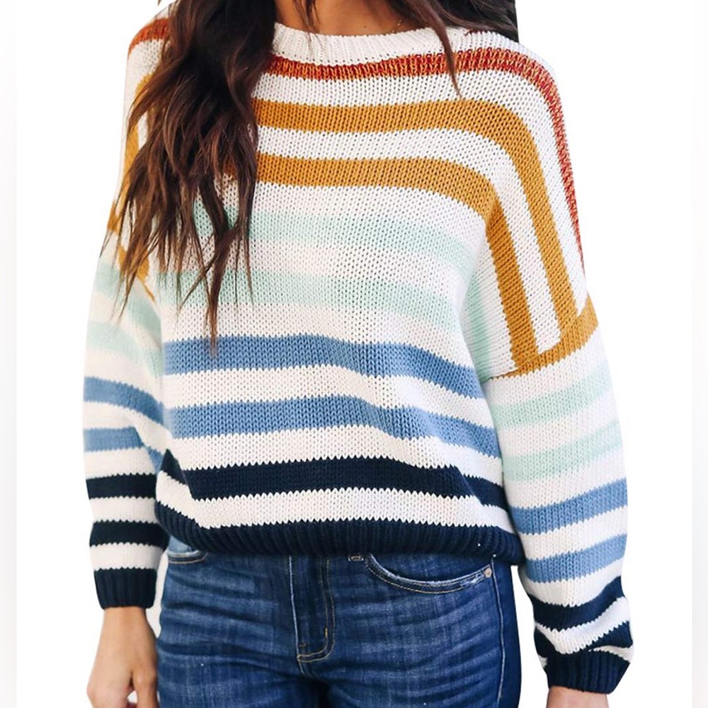 Zesica Long Sleeve Crew Neck Striped Color Block Loose Sweater Navy Blue Size M
